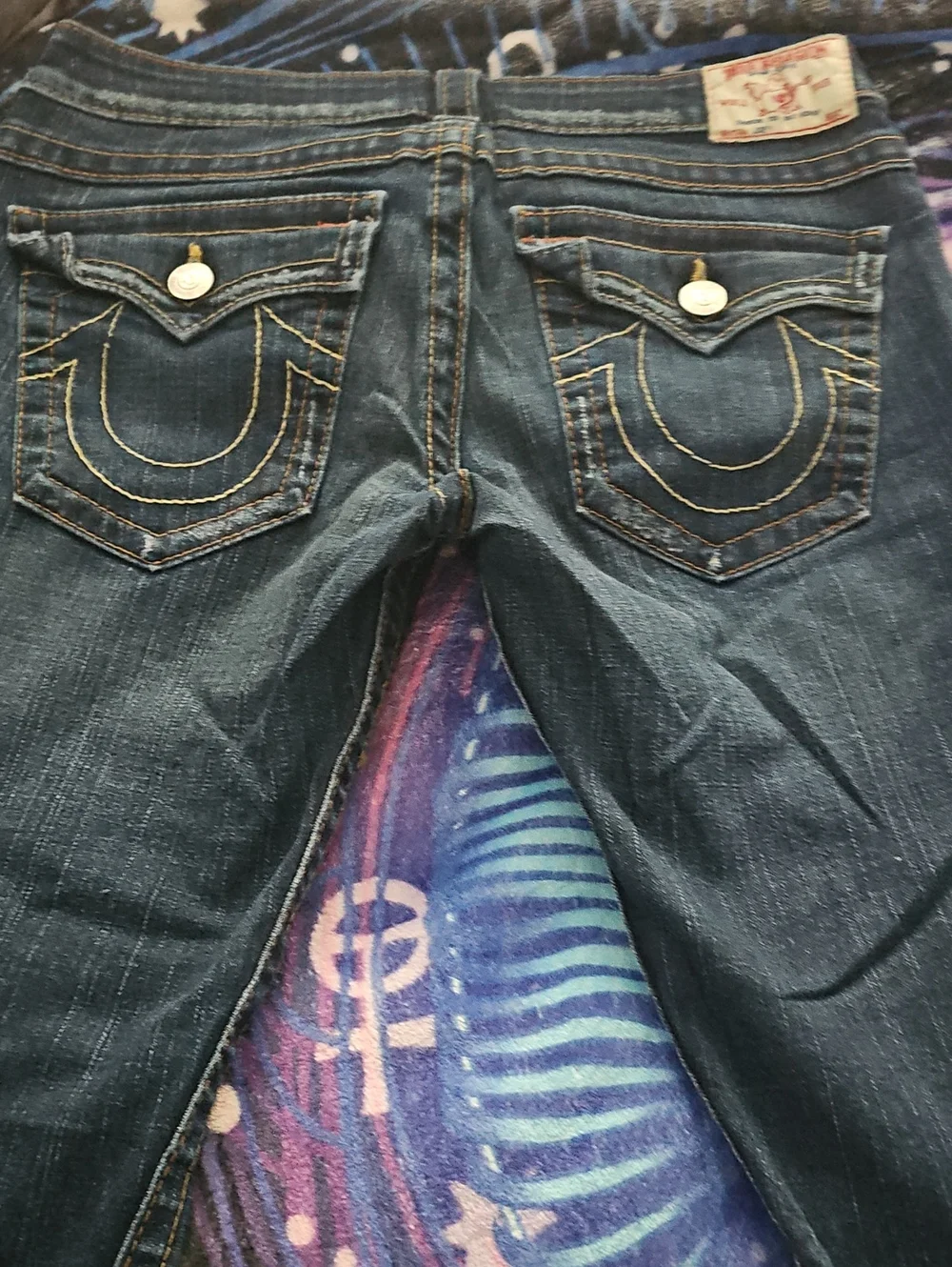 True Religion Dark Blue Boot Cut Jeans with Gold Stitching